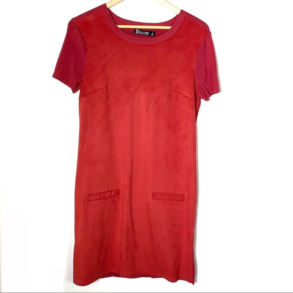 New York and Company faux suede short sleeve rust knit shift dress small S B95